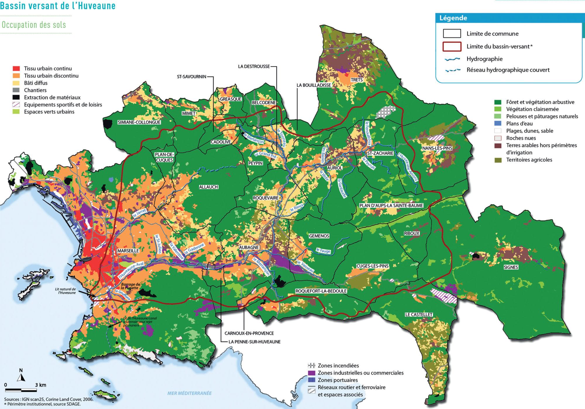La cartographie illustre les activités et occupations présents sur le bassin versant de l’Huveaune : Tissu urbain continu ; Tissus urbain discontinu ; Bâti diffus ; chantiers ; extraction de matériaux ; équipements sportifs et de loisir ; espaces verts urbains ; forêt et végétation arbustive ; végétation clairsemée ; pelouses et pâturages naturels ; plan d’eau ; plages, dunes, sable ; roches nues ; terres arable hors périmètre d’irrigation ; territoires agricoles ; zones incendiées ; zones industrielles et commerciales ; zones portuaires ; réseaux routier et ferroviaire et espaces associés.