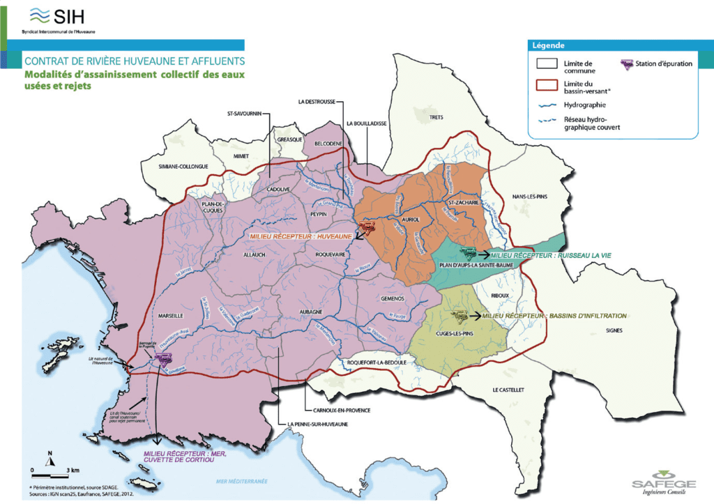 La cartographie présente les systèmes d’épurations présents sur le bassin versant de l’Huveaune et les communes raccordées à chacun d’entre eux. La commune de Cuges-Les-Pins possède sa propre station d’épuration, dont les eaux sont rejetées dans des bassins d’infiltration. La commune de Plan d’Aups possède également sa propre station d’épuration, dont les eaux sont rejetées dans La Vie, un petit affluent du Peyruis. Les Communes d’Auriol et Saint Zacharies sont raccordées à la station d’épuration d’Auriol-Saint-Zacharie, qui rejette les eaux traitées dans l’Huveaune à Pont de Joux. Les autres communes du bassin versant sont reliées à la station d’épuration de Marseille- Géolide pour l’épuration de leurs eaux. Les eaux épurées sont rejetées au niveau de l’Anse de Cortiou, dans la Mer Méditerranée.